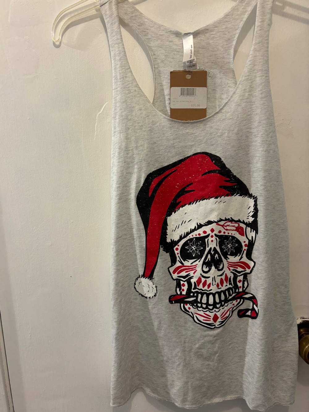 Reebok Gray Tank Top with Red and Black Skull Santa Graphic
